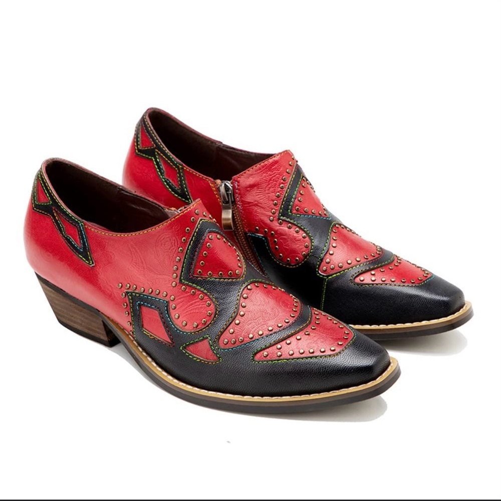 SOFFIA STUDDED RED & BLACK GENUINE
LEATHER ANKLE BOOT